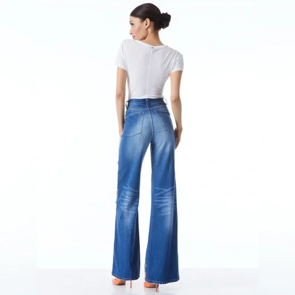 Alice + Olivia Blue Floral Embroidered Flare Jeans - Picture 3 of 15